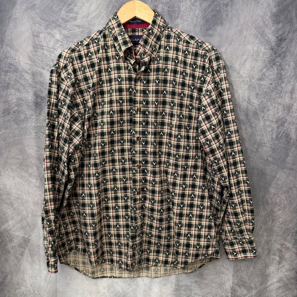 GANT Imperial Poplin Deer Plaid Button Down Mens Medium Preppy Hunt Vintage